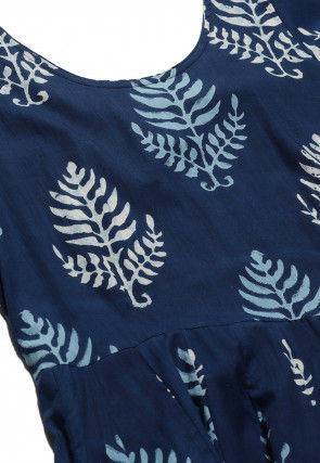 Dabu Printed Cotton Long Kurta in Navy Blue