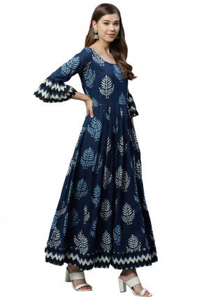 Dabu Printed Cotton Long Kurta in Navy Blue