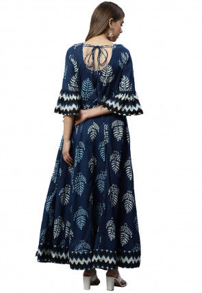 Dabu Printed Cotton Long Kurta in Navy Blue