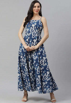 Dabu Printed Cotton Maxi Dress in Dark Blue