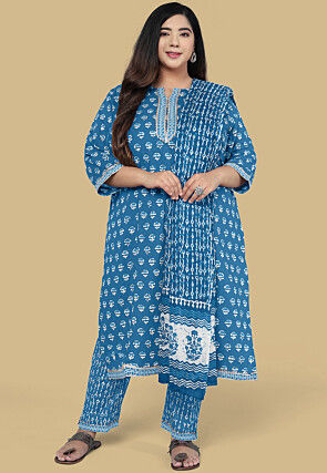 Dabu Printed Pure Cotton Pakistani Suit in Blue