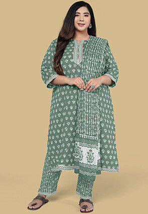 Dabu Printed Pure Cotton Pakistani Suit in Dusty Green