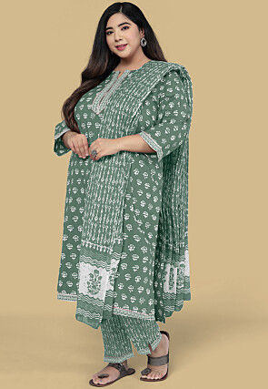Dabu Printed Pure Cotton Pakistani Suit in Dusty Green
