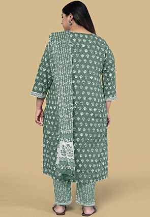Dabu Printed Pure Cotton Pakistani Suit in Dusty Green