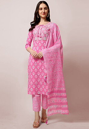 Dabu Printed Pure Cotton Pakistani Suit in Pink