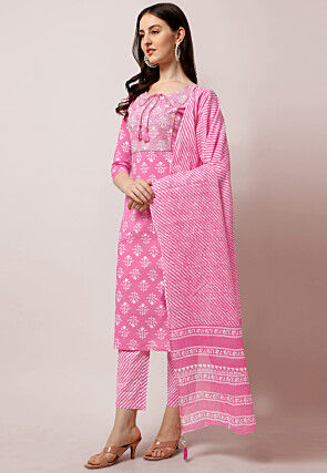 Dabu Printed Pure Cotton Pakistani Suit in Pink