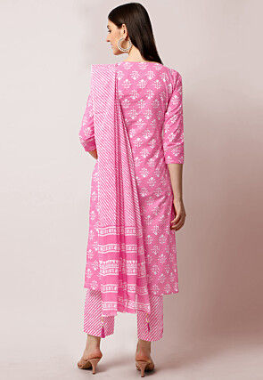 Dabu Printed Pure Cotton Pakistani Suit in Pink