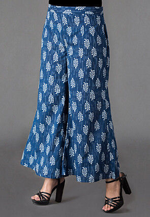 Dabu Printed Cotton Palazzo in Indigo Blue