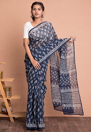 Dabu Printed Kota Doria Saree in Navy Blue