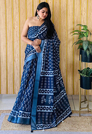 Dabu Printed Linen Cotton Saree in Blue