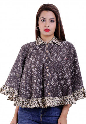 Dabu Printed Pure Chanderi Cotton Cape Style Top in Grey
