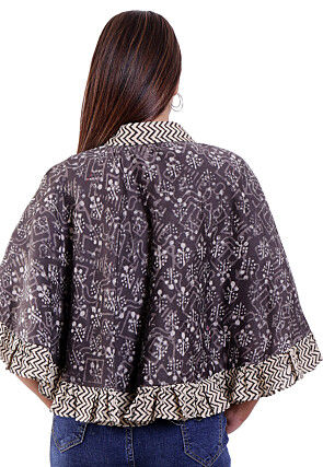 Dabu Printed Pure Chanderi Cotton Cape Style Top in Grey