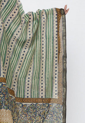 Dabu Printed Pure Chanderi Cotton Dupatta in Beige and Multicolor