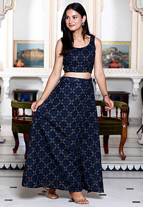 Dabu Printed Pure Cotton Co Ord Set in Navy Blue