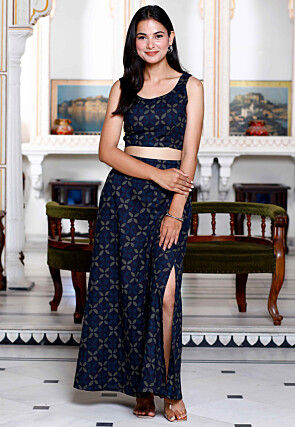 Dabu Printed Pure Cotton Co Ord Set in Navy Blue