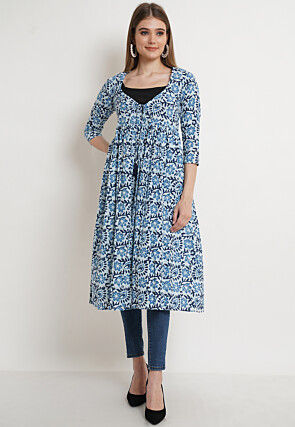 Dabu Printed Pure Cotton Long Shrug in White and Blue