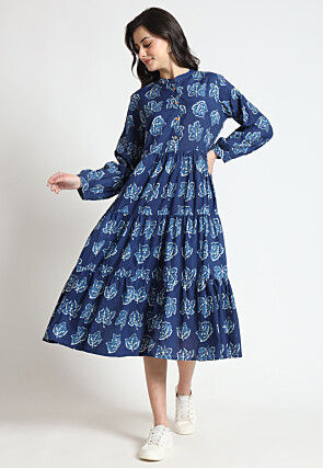 Dabu Printed Pure Cotton Tiered Midi Dress in Navy Blue