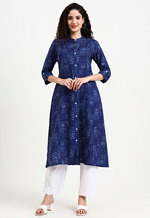Dabu Printed Viscose Rayon A Line Kurta in Navy Blue