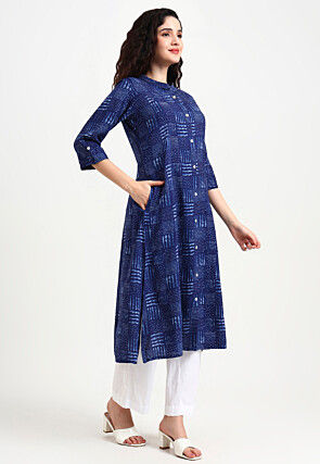 Dabu Printed Viscose Rayon A Line Kurta in Navy Blue
