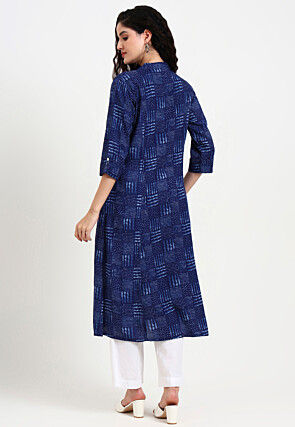 Dabu Printed Viscose Rayon A Line Kurta in Navy Blue