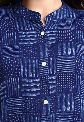 Dabu Printed Viscose Rayon A Line Kurta in Navy Blue