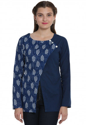 Daub Printed Cotton Angrakha Style Top in Navy Blue