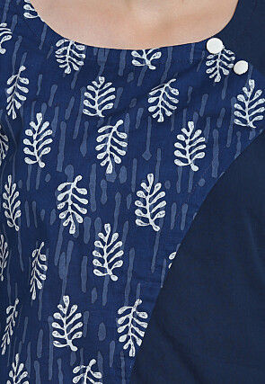 Daub Printed Cotton Angrakha Style Top in Navy Blue