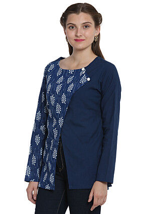 Daub Printed Cotton Angrakha Style Top in Navy Blue