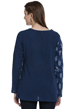 Daub Printed Cotton Angrakha Style Top in Navy Blue