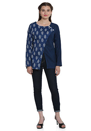 Daub Printed Cotton Angrakha Style Top in Navy Blue