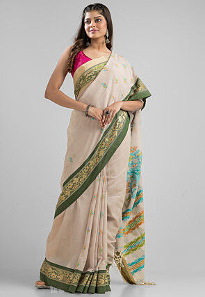 Dhakai Handloom Pure Cotton Saree in Light Fawn