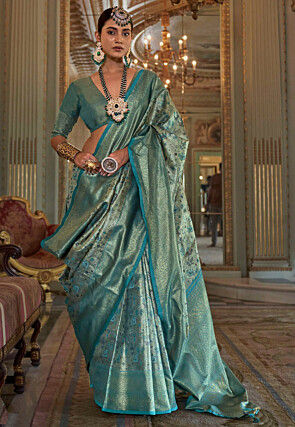Dharmavaram Saree in Golden and Teal Blue