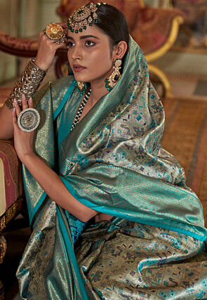 Dharmavaram Saree in Golden and Teal Blue