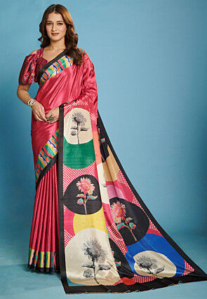 Digital Printed Crepe Silk Saree in Fuchsia