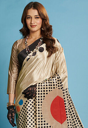 Digital Printed Crepe Saree in Light Beige