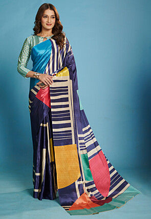 Digital Printed Crepe Saree in Navy Blue