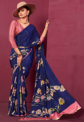 Digital Printed Crepe Silk Saree in Navy Blue