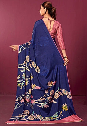 Digital Printed Crepe Silk Saree in Navy Blue