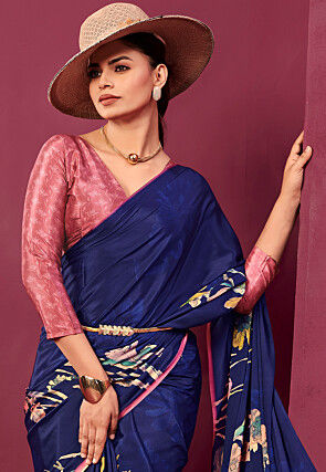 Digital Printed Crepe Silk Saree in Navy Blue