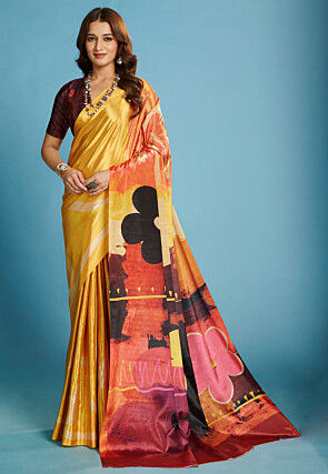 Digital Printed Crepe Saree in Yellow