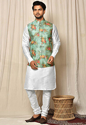 Digital Organza Nehru Jacket in Green