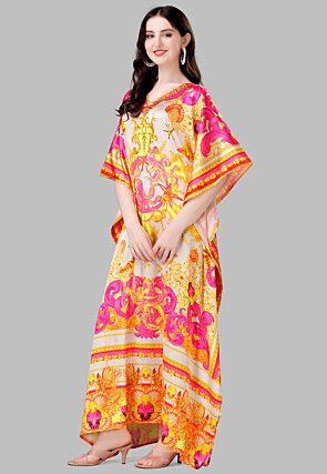 Digital Print Crepe Long Kaftan Dress in Beige