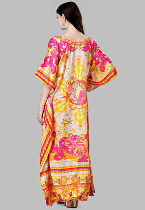 Digital Print Crepe Long Kaftan Dress in Beige