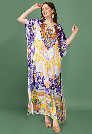 Digital Print Crepe Long Kaftan Dress in Beige