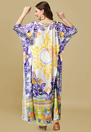 Digital Print Crepe Long Kaftan Dress in Beige