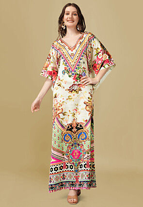 Digital Print Crepe Long Kaftan Dress in Beige