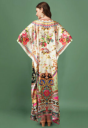 Digital Print Crepe Long Kaftan Dress in Beige