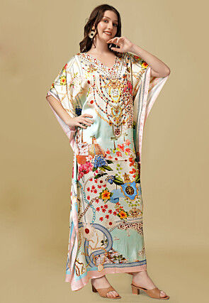 Digital Print Crepe Long Kaftan Dress in Beige