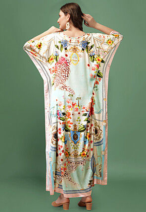Digital Print Crepe Long Kaftan Dress in Beige