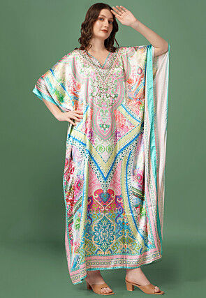 Digital Print Crepe Long Kaftan Dress in Beige